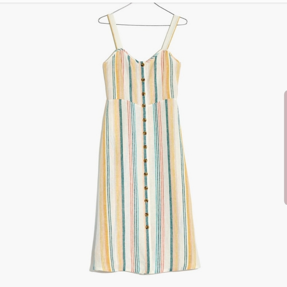 Madewell Striped Linen Fitted Bodice Midi Dress Size 12 NEW
